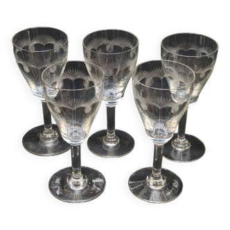 5 Old Port or Aperitif Glasses in Engraved Crystal with St Louis Palm Tree Decor?