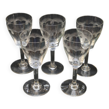 5 Old Port or Aperitif Glasses in Engraved Crystal with St Louis Palm Tree Decor?