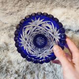 Bohemian vase in cut crystal with blue overlay.