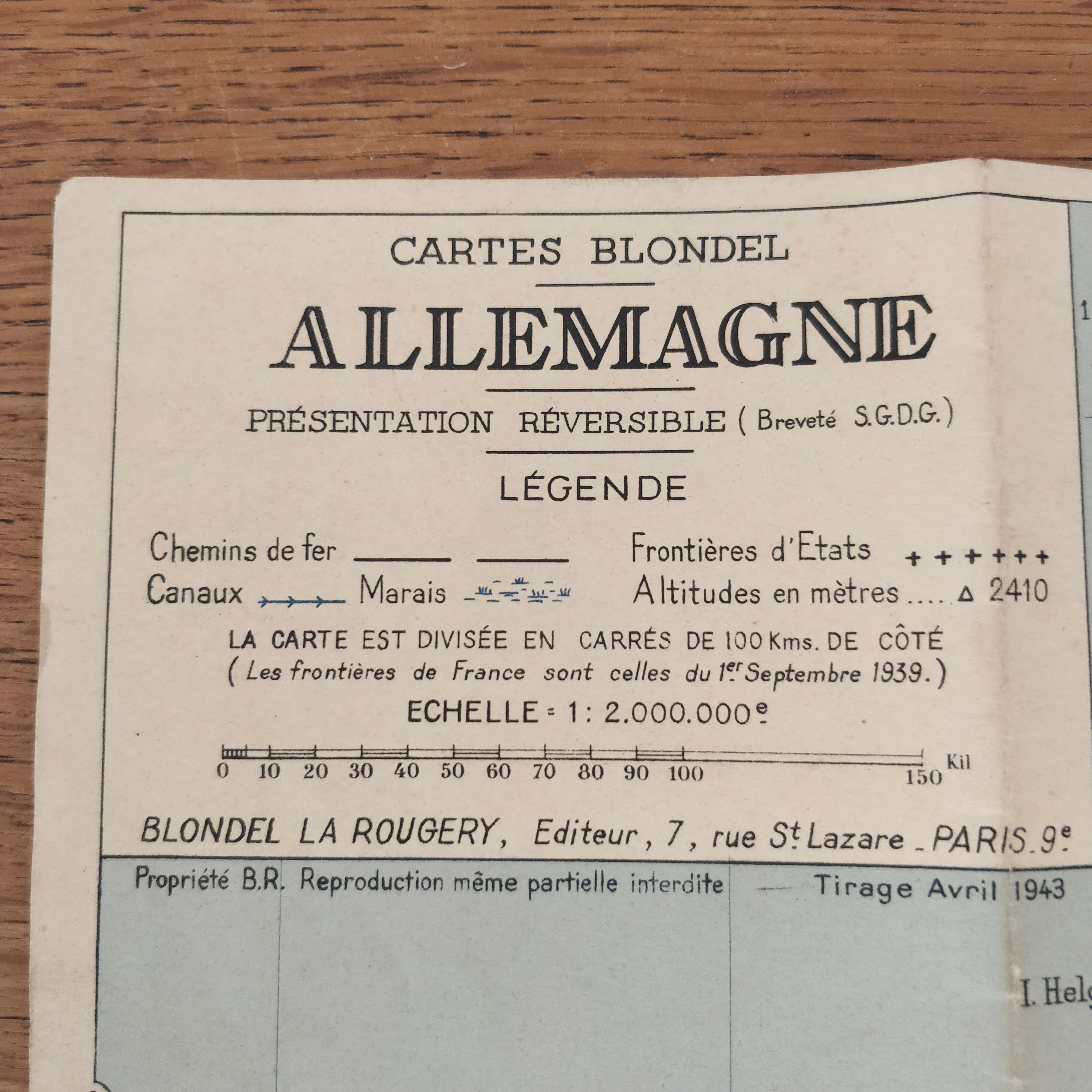 Old Germany map 49x32cm edition Blondel 1943