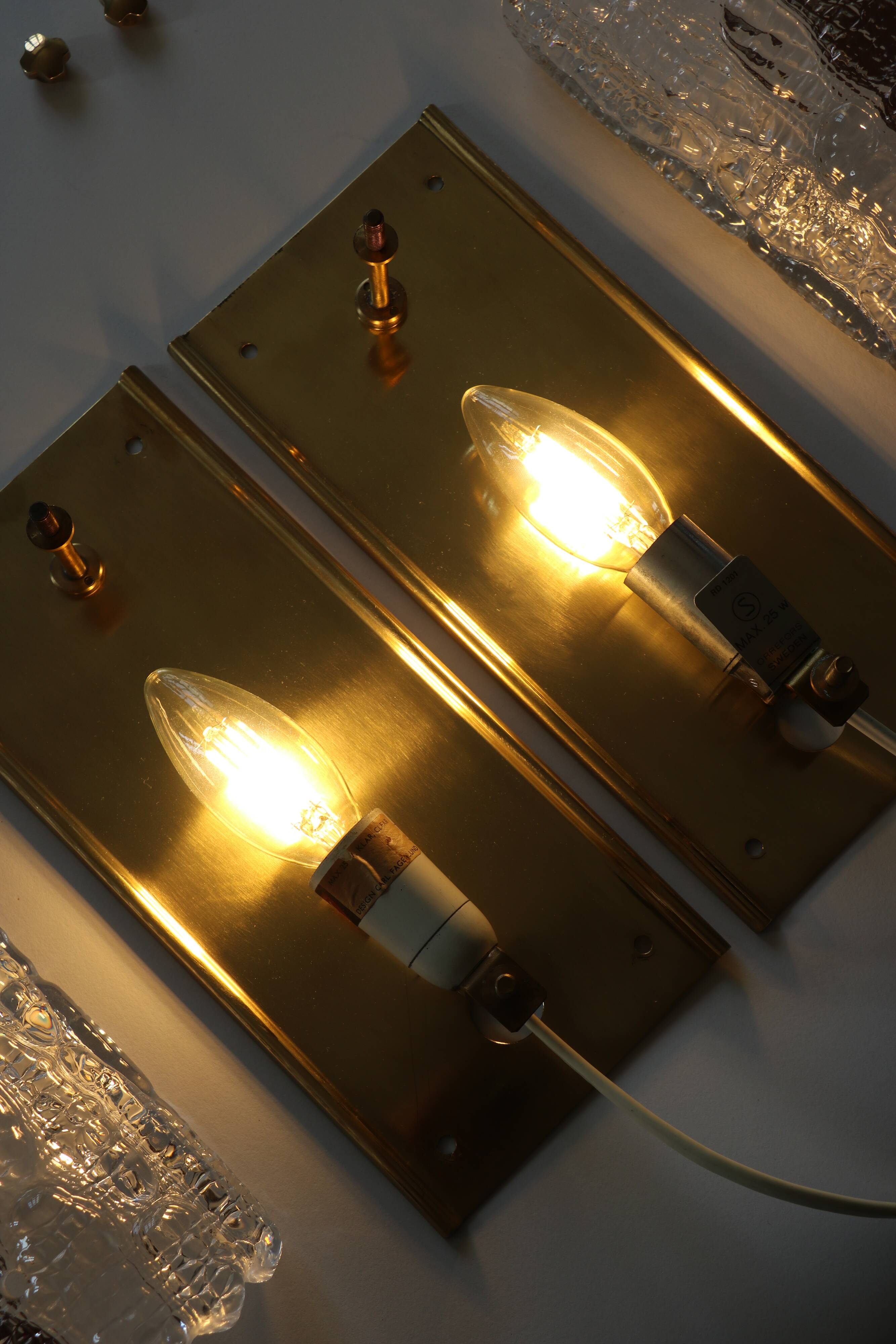Pair of glass and brass sconces by Carl Fagerlund for Orrefors, 1960