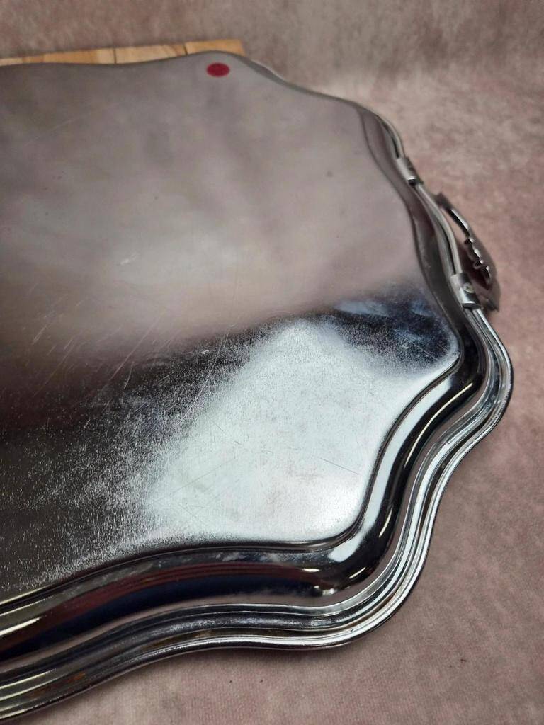 Large silver-plated serving tray – Rococo decoration & shell handles