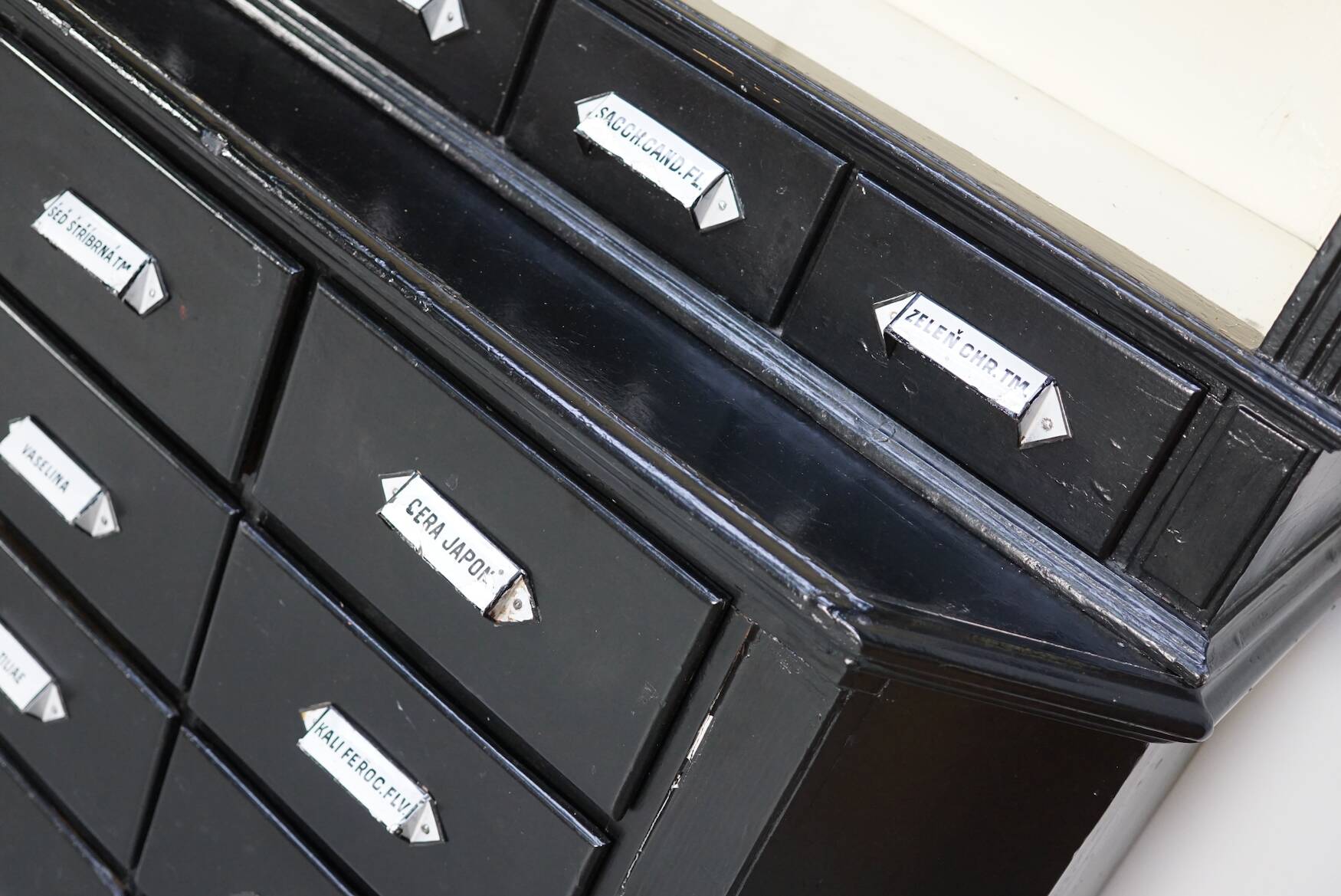 Large pair of antique apothecary cabinets painted black, Eastern Europe, 1910s