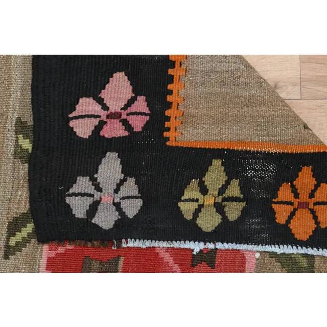 1970s Vintage Turkish Oushak Handmade Wool Cotton Brown Runner Rug  206x387