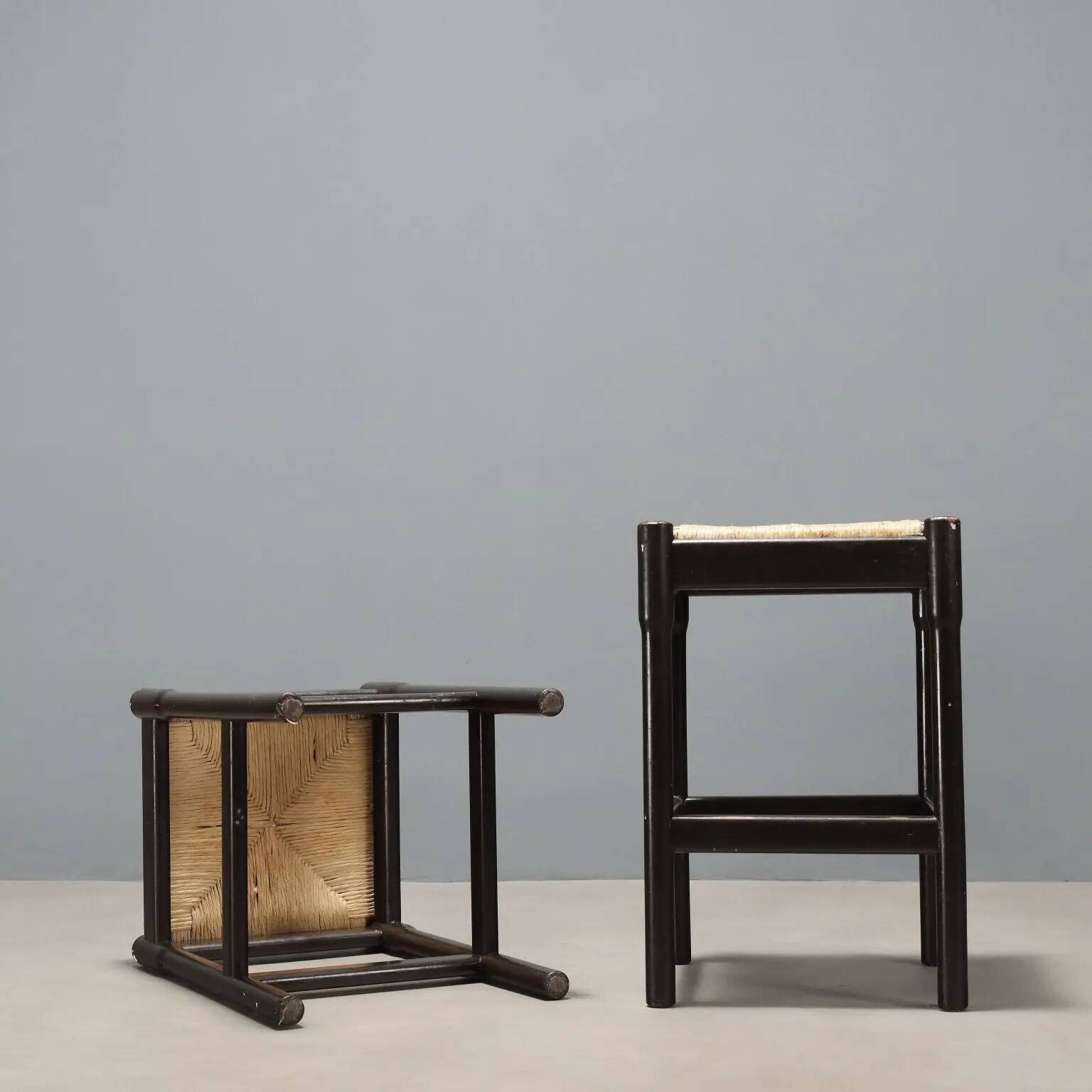 Pair of vintage wooden and rope stools, Italy, 1970s