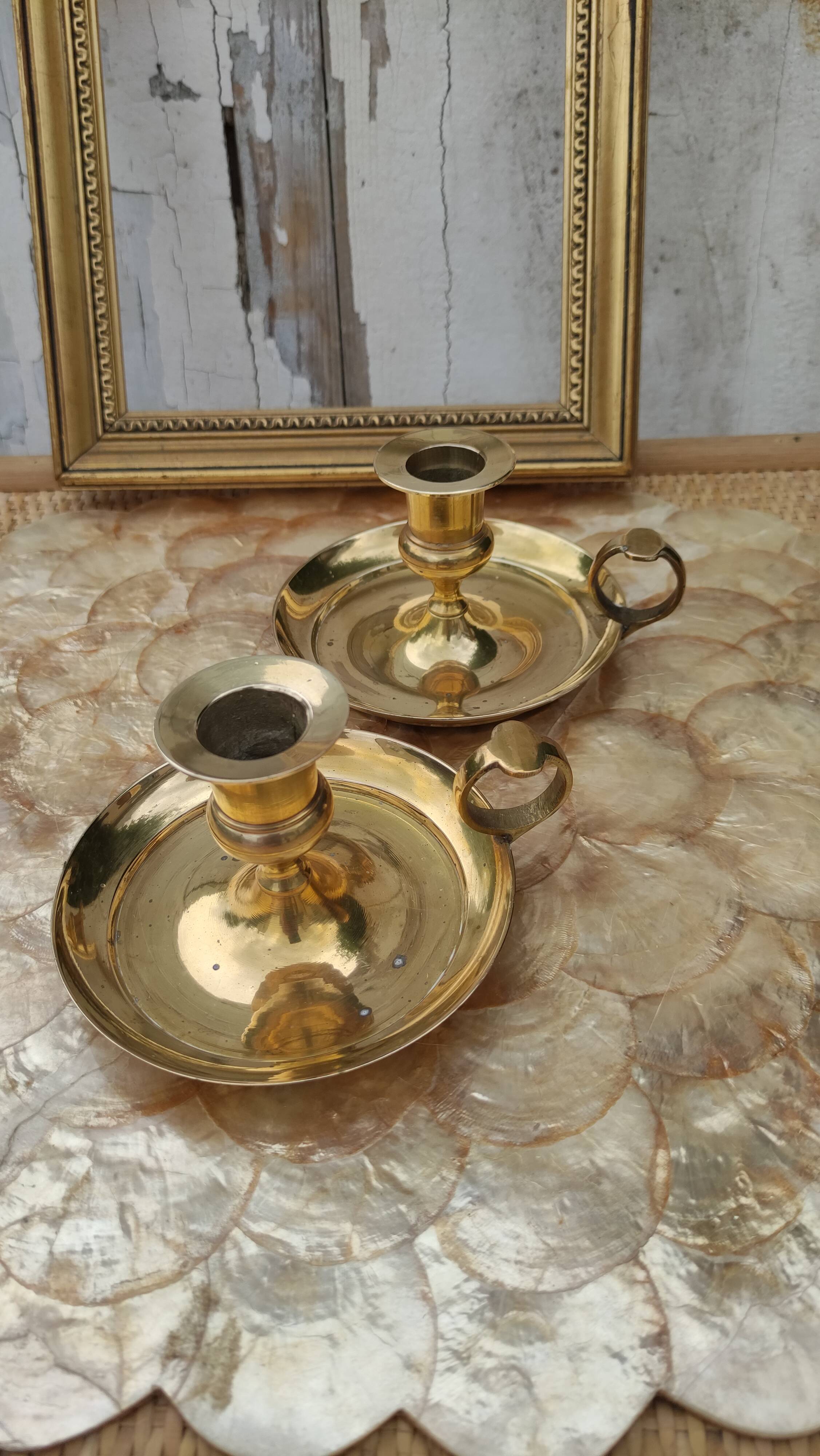 Pair of antique solid brass candle holders