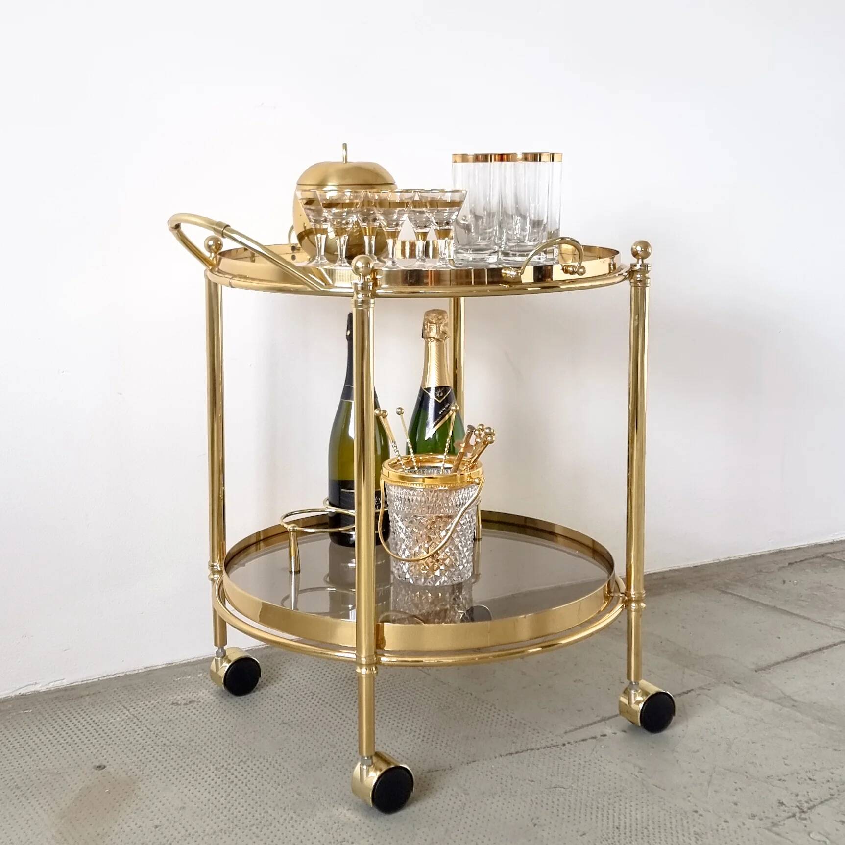 Desserte de bar ronde dorée années 80