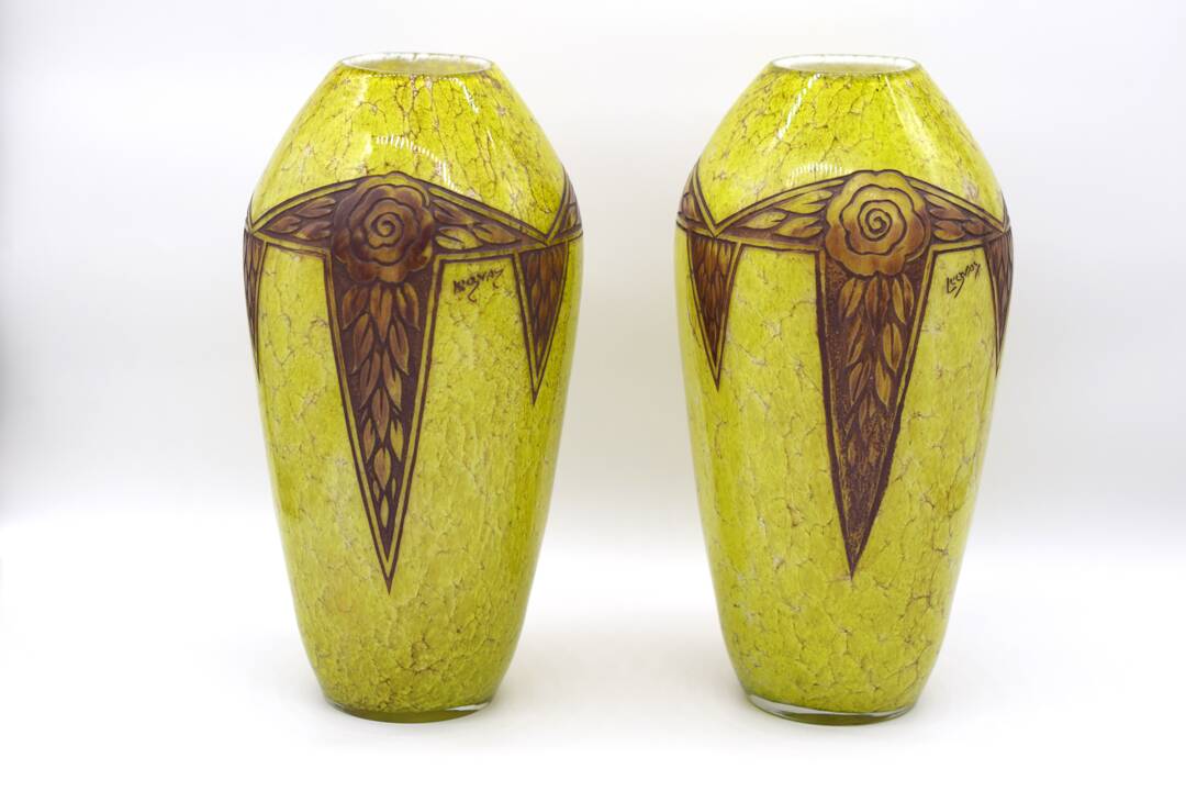 Set 2 Rare Vase Ovoïde signé F-T Legras Pare de verre Art deco 1930
