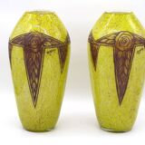Set 2 Rare Vase Ovoïde signé F-T Legras Pare de verre Art deco 1930