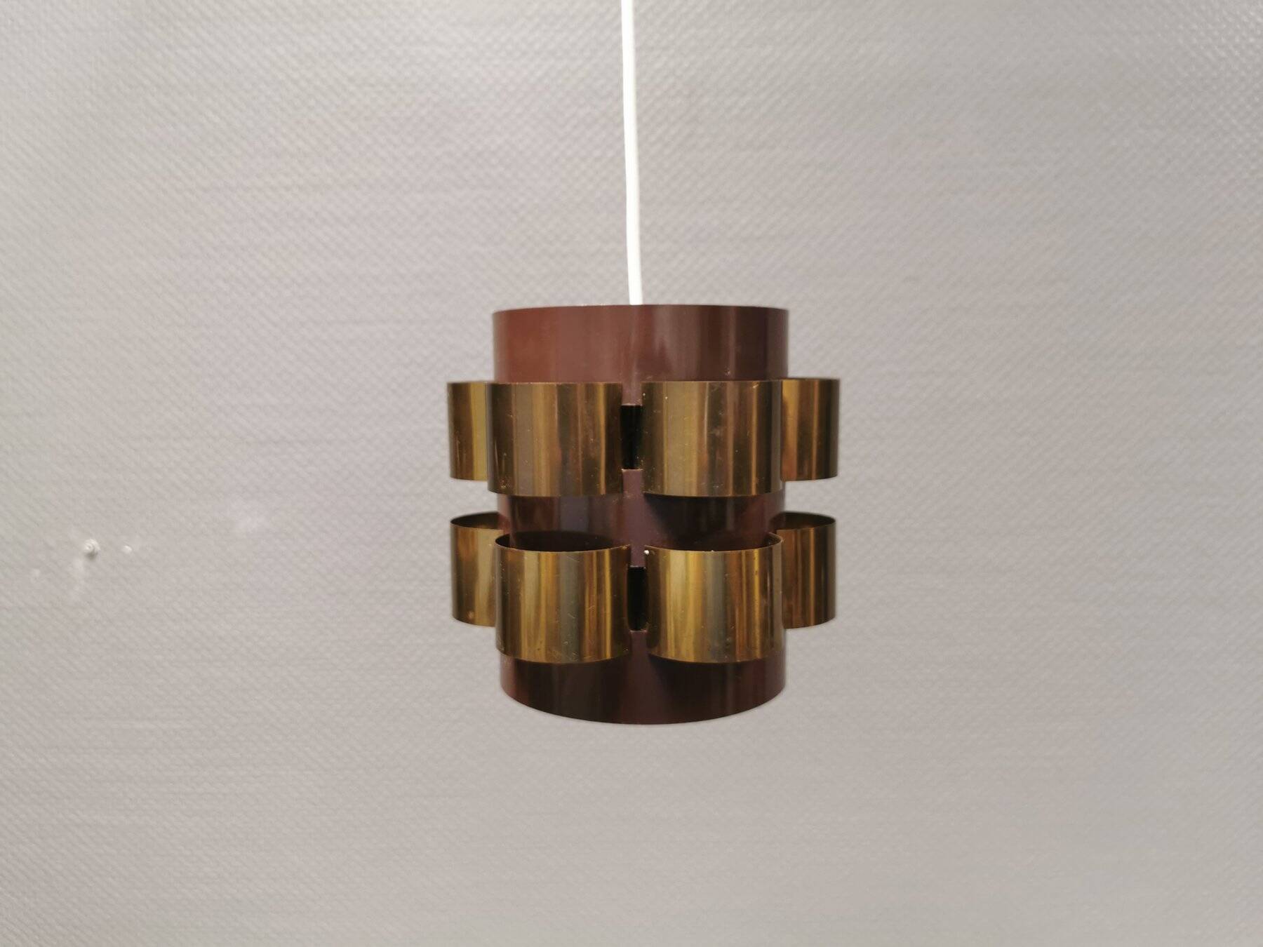 Danish cylindrical hanging lamp in brown and gold 1980s