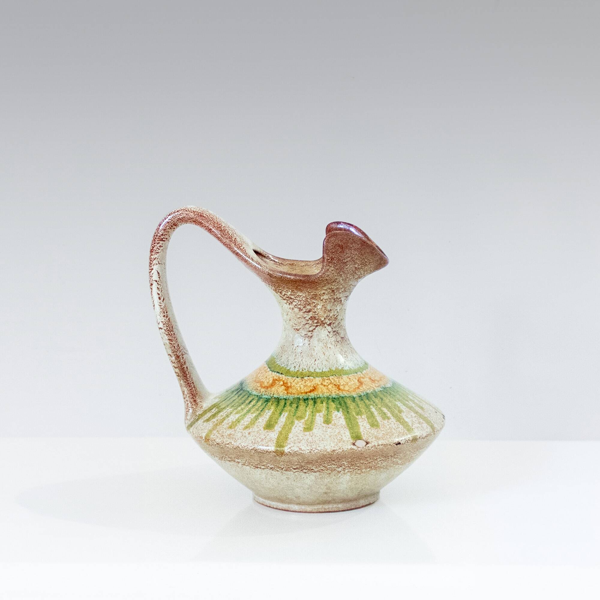1960s Italian Modern Ceramic Jug, Beige and Green, Bertoncello Manufacturer
