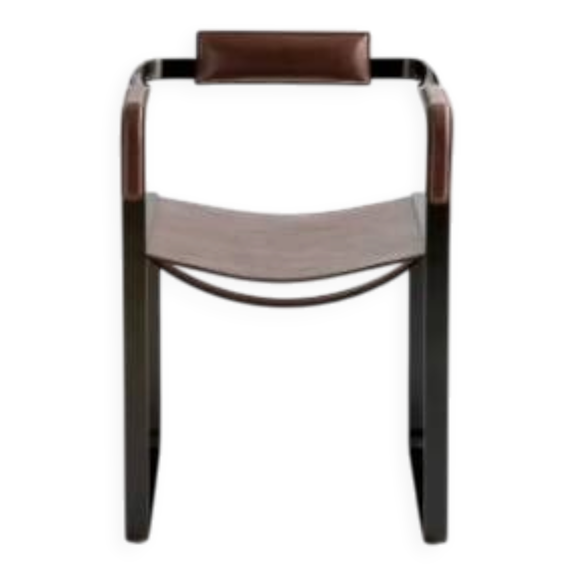 Armchair, smoked black steel and dark brown leather, contemporary design.