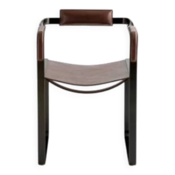 Armchair, smoked black steel and dark brown leather, contemporary design.