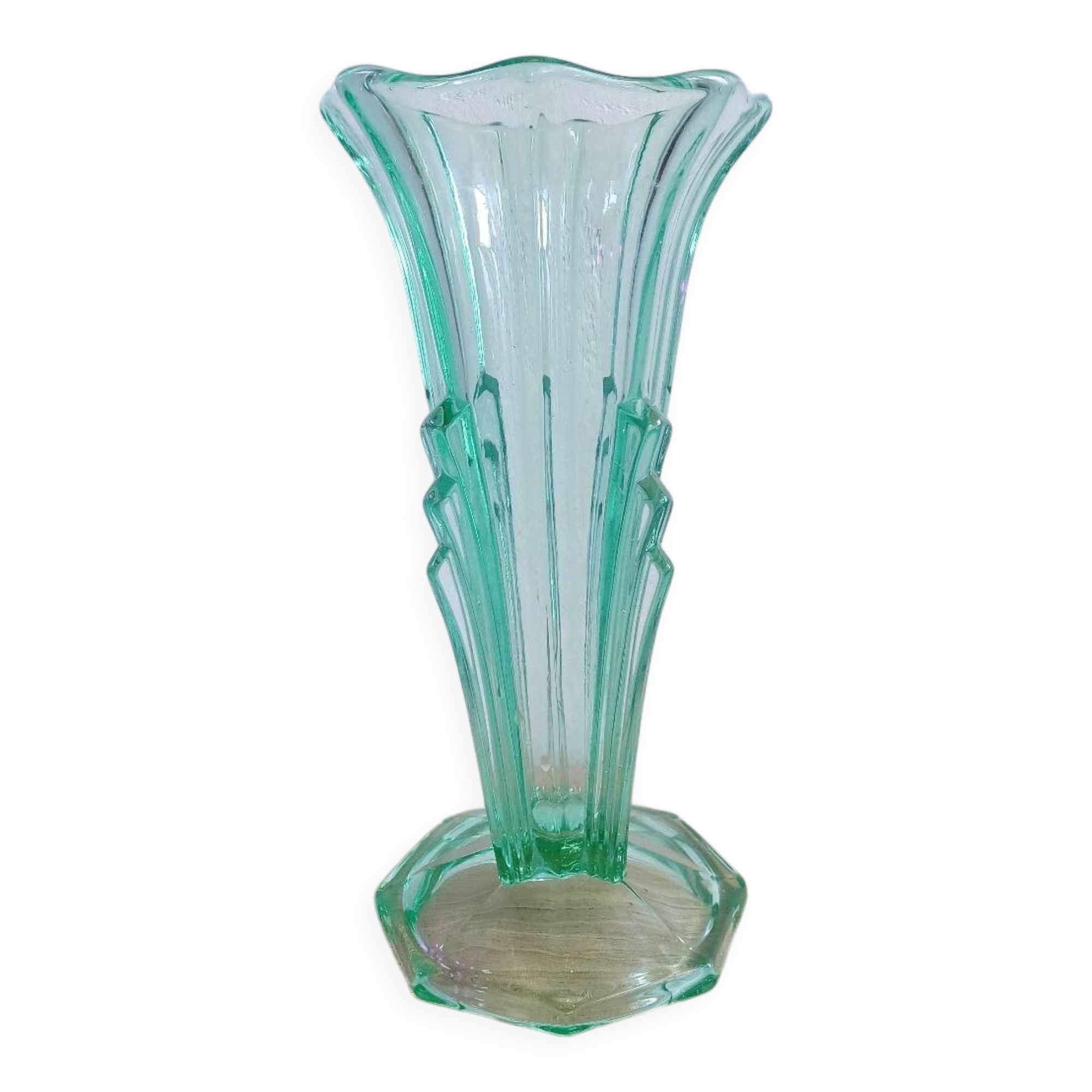 Vase en verre pressé vert style Art déco, vers 1960