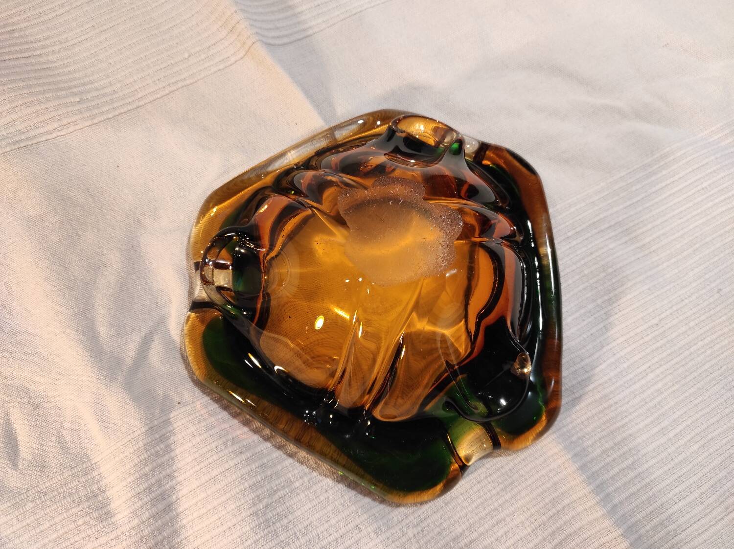 Murano green and yellow blown glass ashtray, 1970