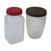 Lot of 2 clear glass jars, embossed patterns, vintage 1960
