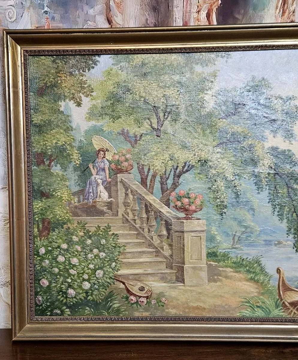 Tableau huile sur toile représentant une scène romantique