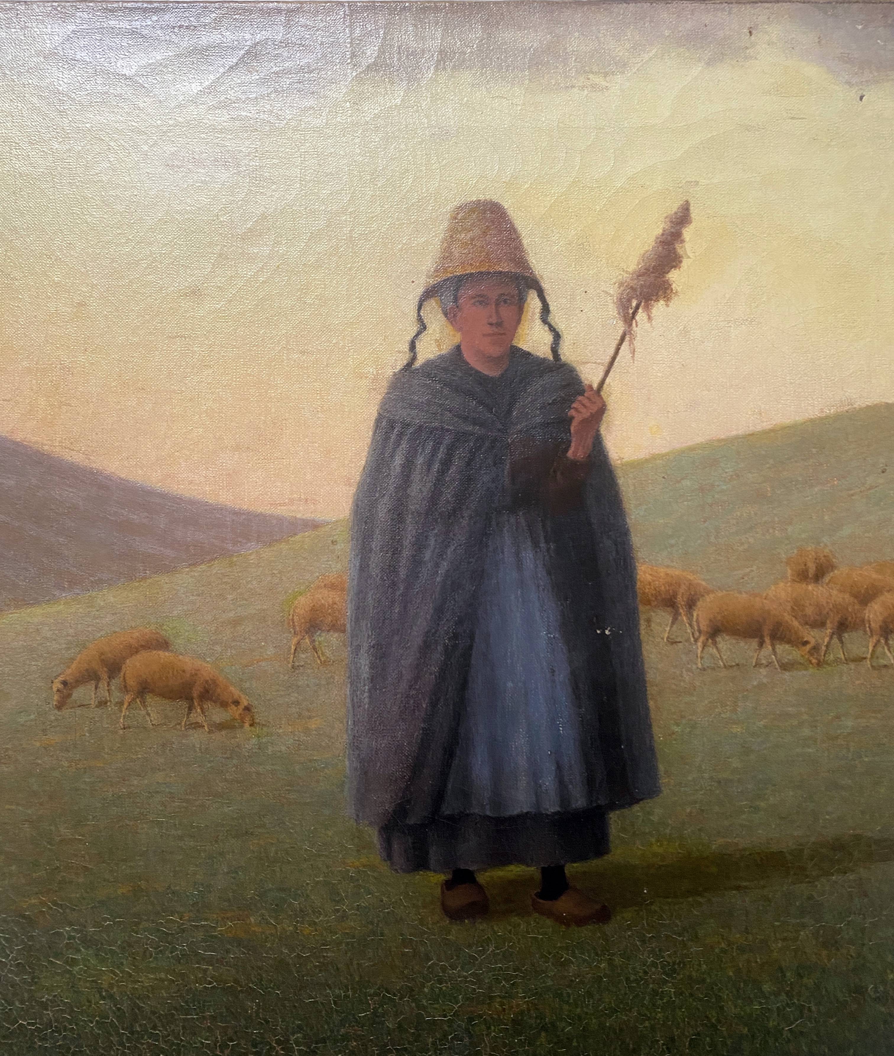 HST painting 19th century Shepherd with sheep and dog in mountain pasture signed A. Treviens