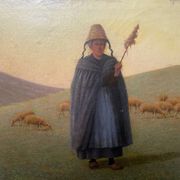 HST painting 19th century Shepherd with sheep and dog in mountain pasture signed A. Treviens