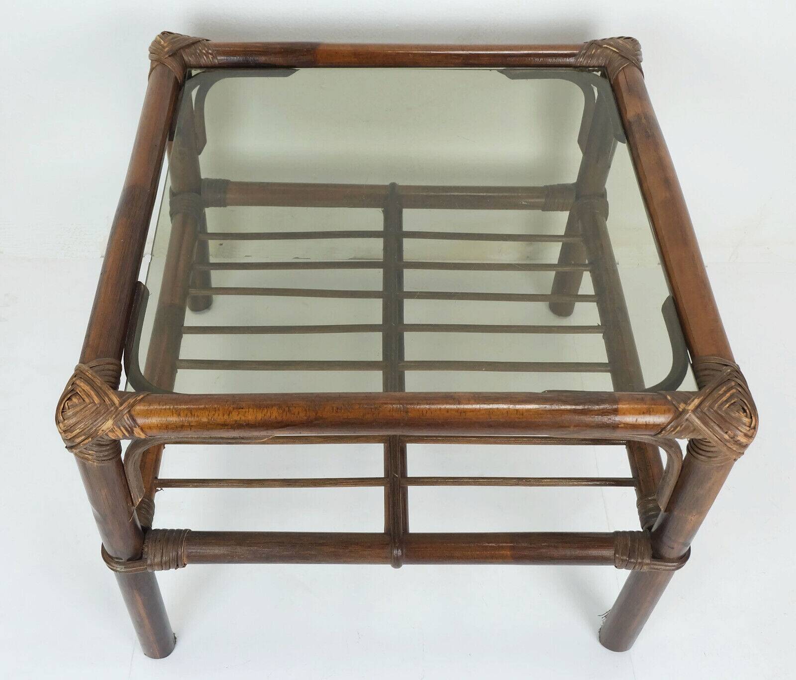 no 1 of 2: 1970s mid century SIDE TABLE coffee table bamboo wicker glass