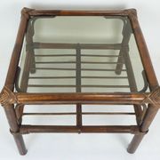 table d'appoint des années 1970 en bambou, osier et verre