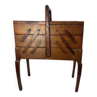 Vintage wooden folding utility cabinet / sewing box on feet