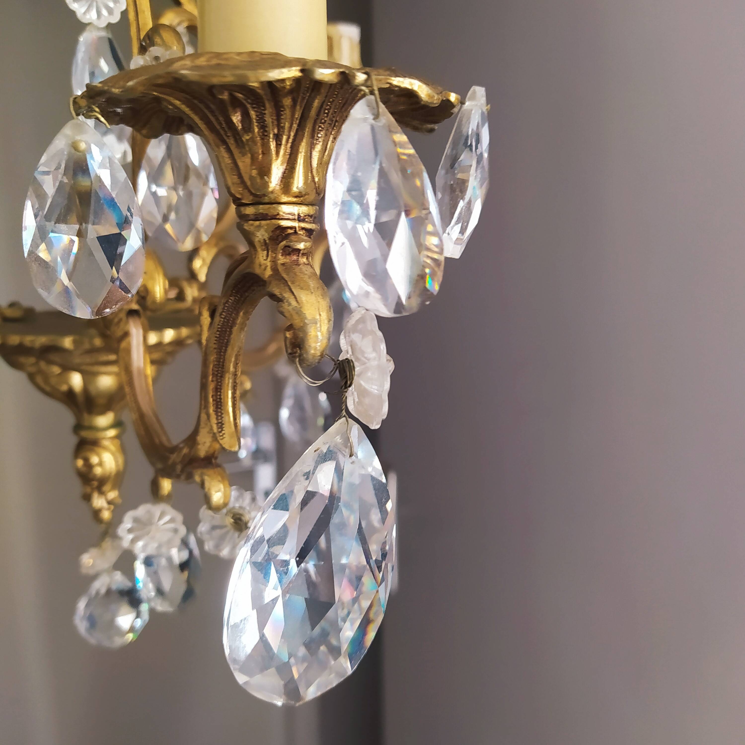 Louis xv bronze chandelier with crystal pendants 3 lights
