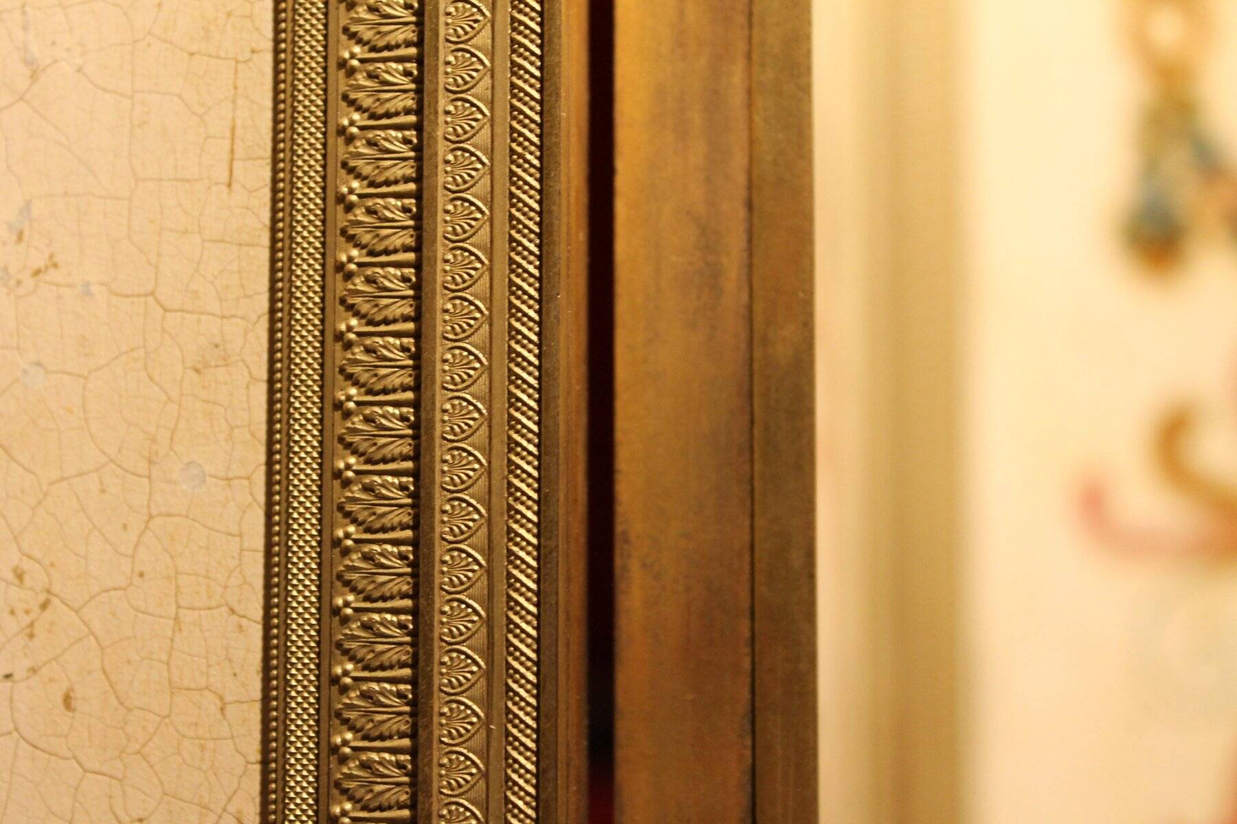 19th Century Italian Six-Panel Painted Wood Folding Screen in Gilt Bronze Frame