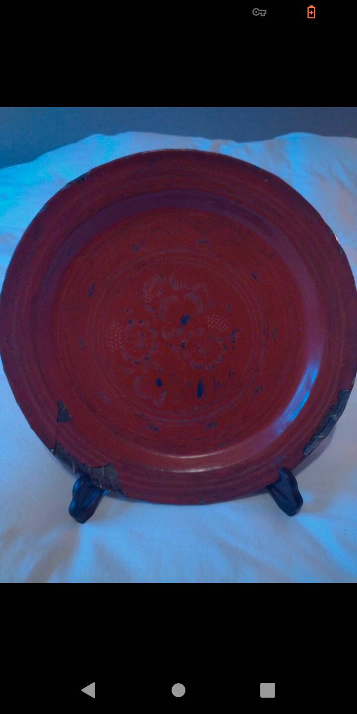Dish, Indian tray painted in burgundy and tripod