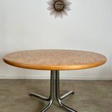 Old inlaid wood table designed by Dieter Waeckerlin Idealheim from the 70s with metal foot