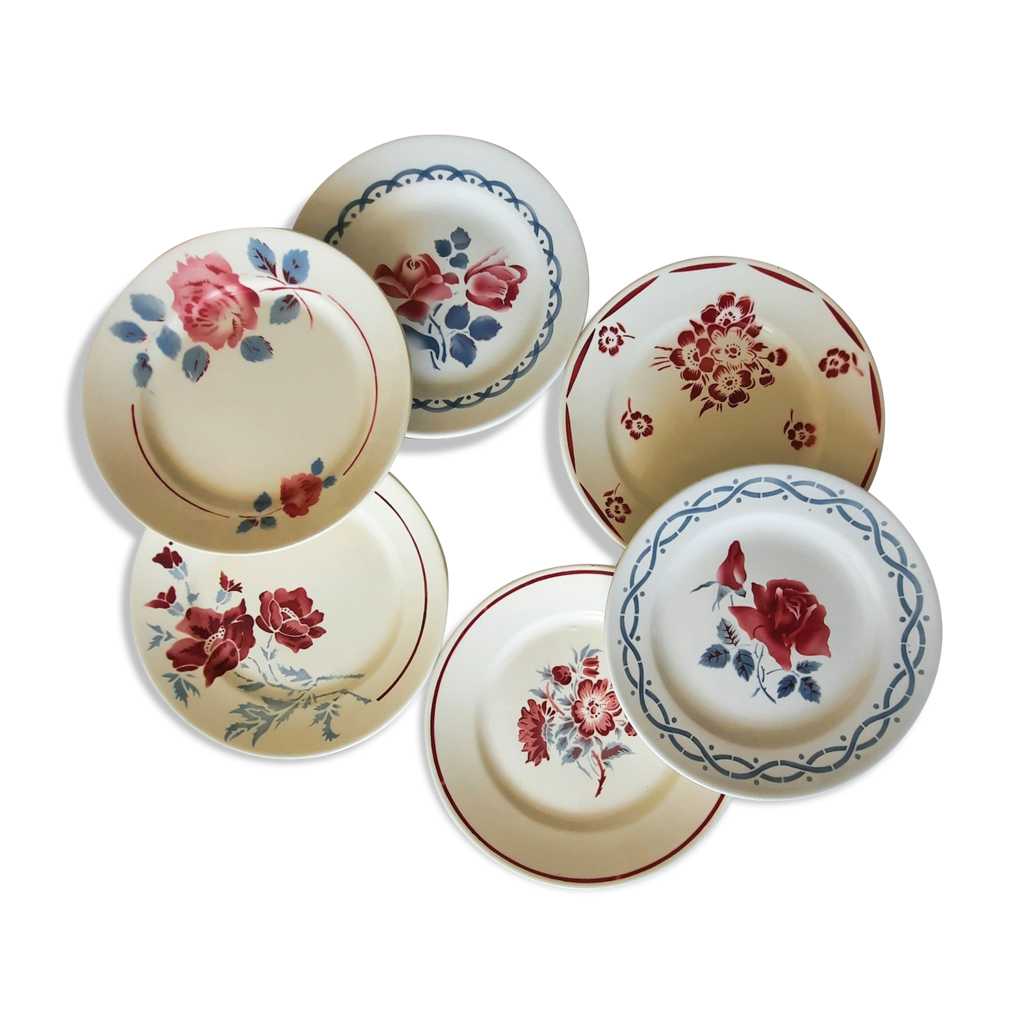 Lot De 6 Assiettes à Dessert Anciennes - Faïence Belge Nimy - Motif Rouge