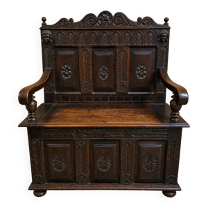 Banc coffre en bois richement