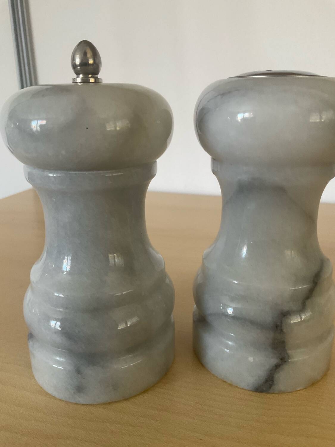 Vintage Carrara marble pepper mill and salt shaker set