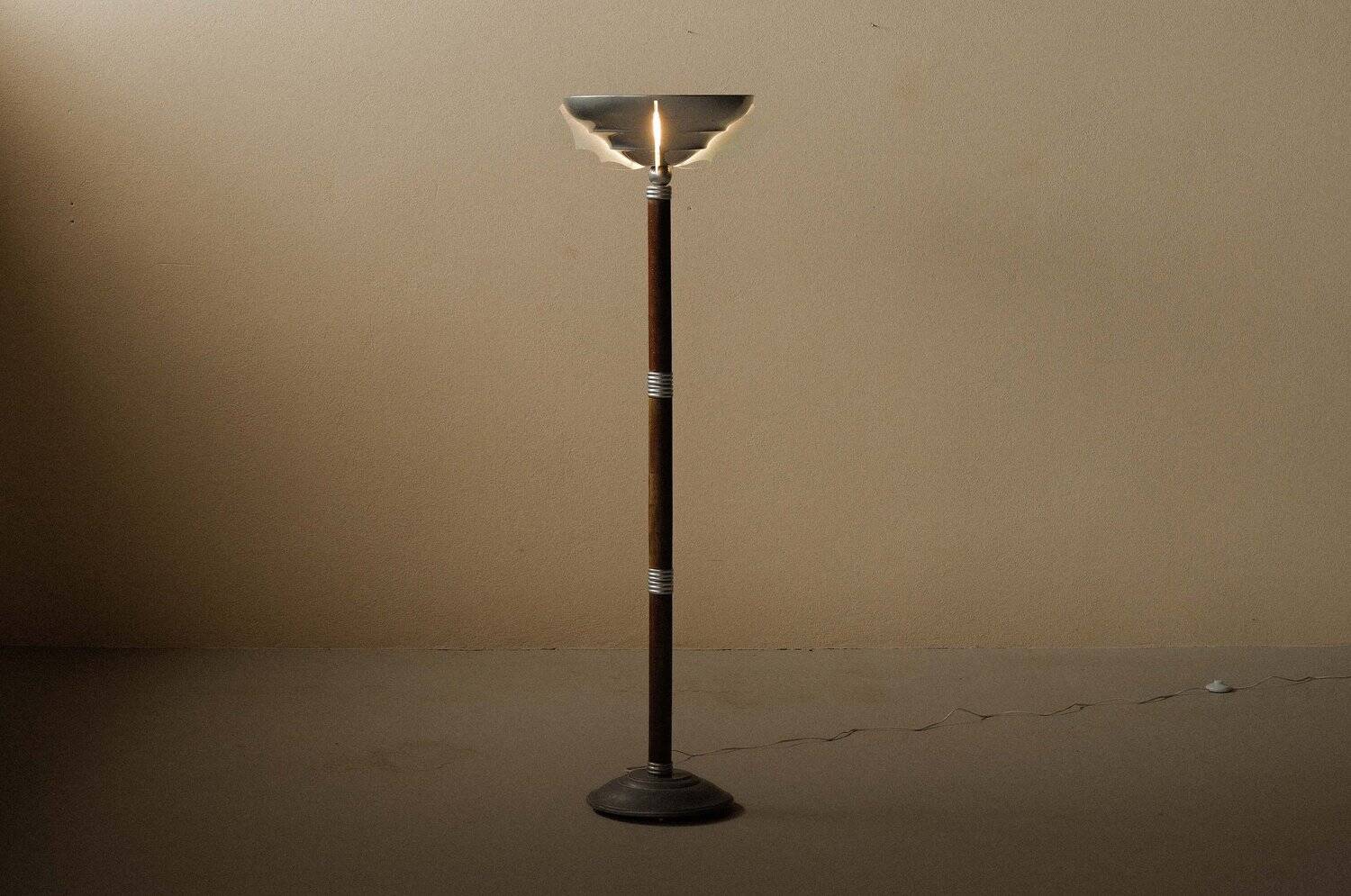 Art Deco floor lamp in oak, metal and glass, circa 1930