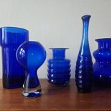 Set of five mid-century cobalt glass vases, Harzkristall, Marita Voigt, 1970