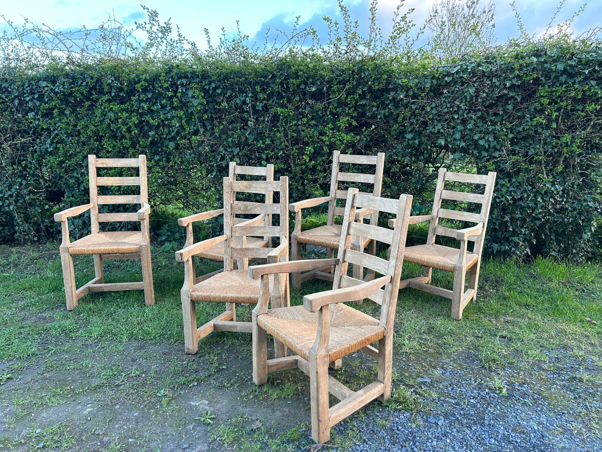 6 solid oak chairs - straw seats