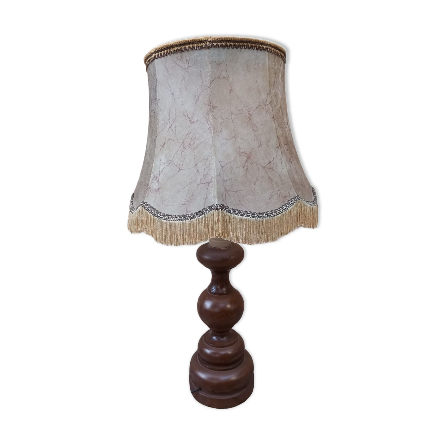 Vintage wooden lamp with fringed shade