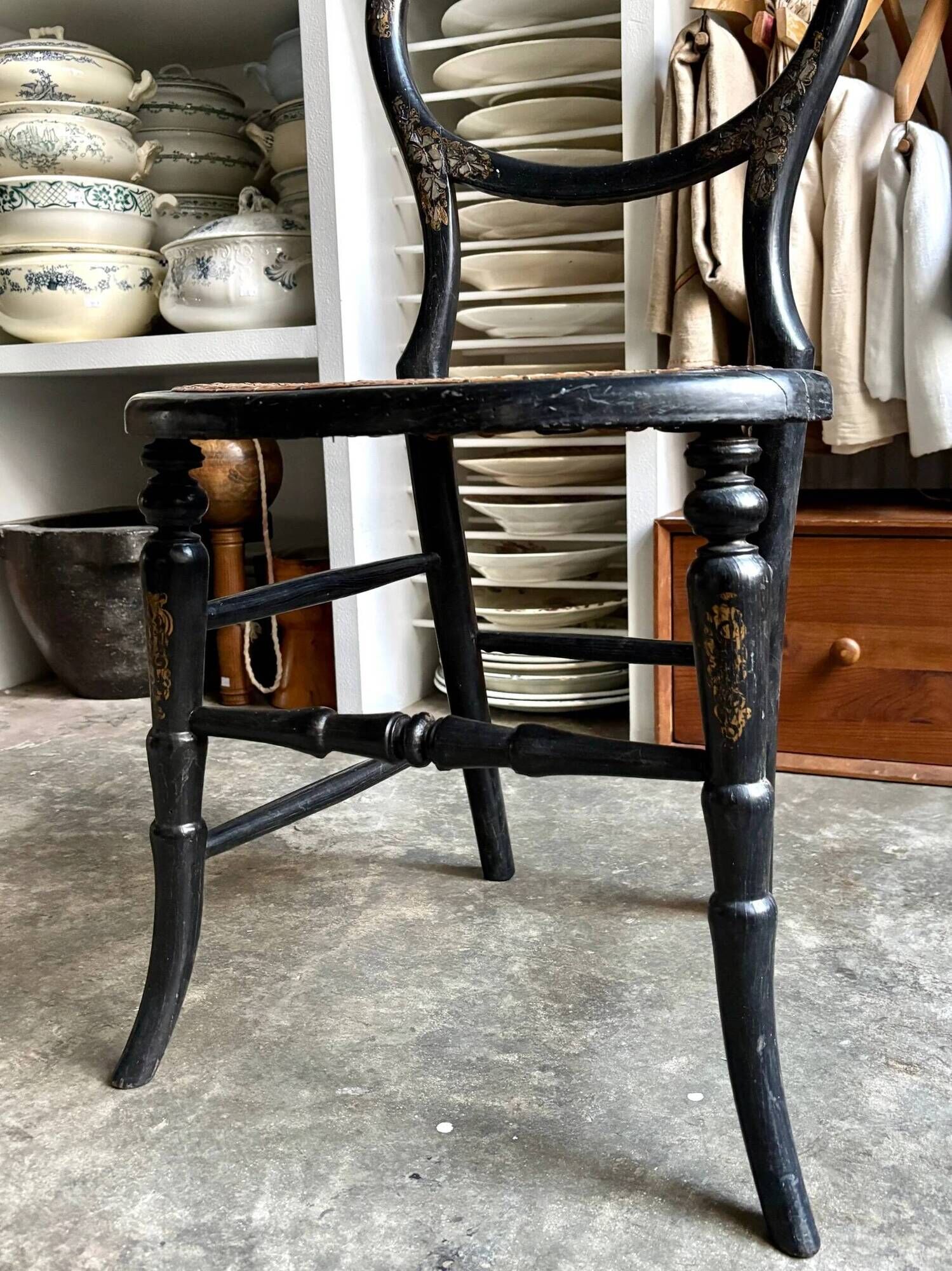 Napoleon III chair in black wood, mother-of-pearl and caning no. 1