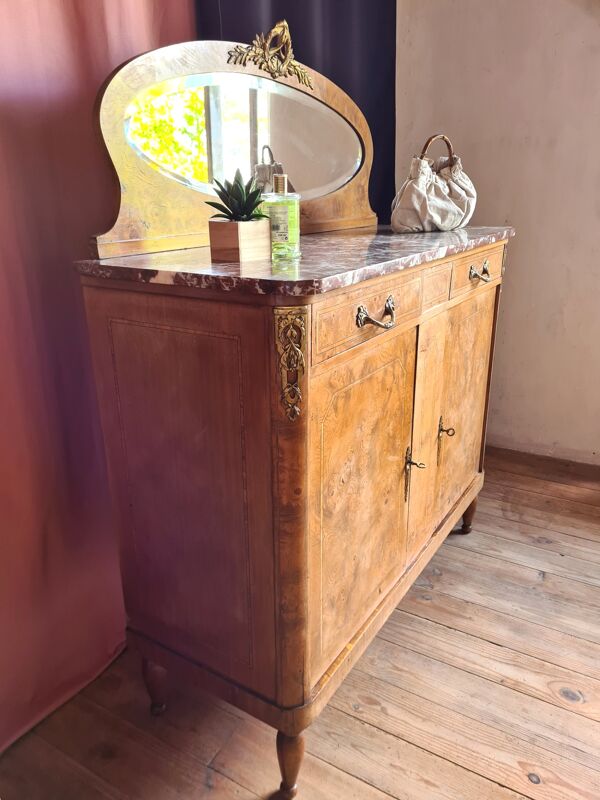 Meuble bas avec miroir biseauté en ronce de noyer