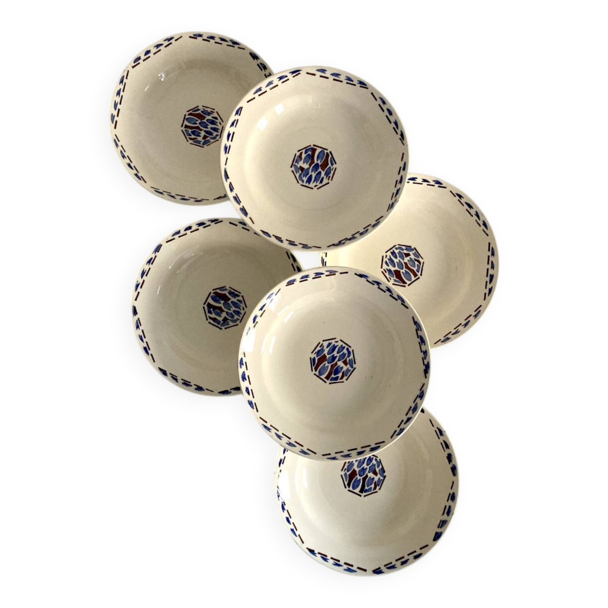 6 soup plates, ironstone from Longchamp, Arlette pattern, 1950s