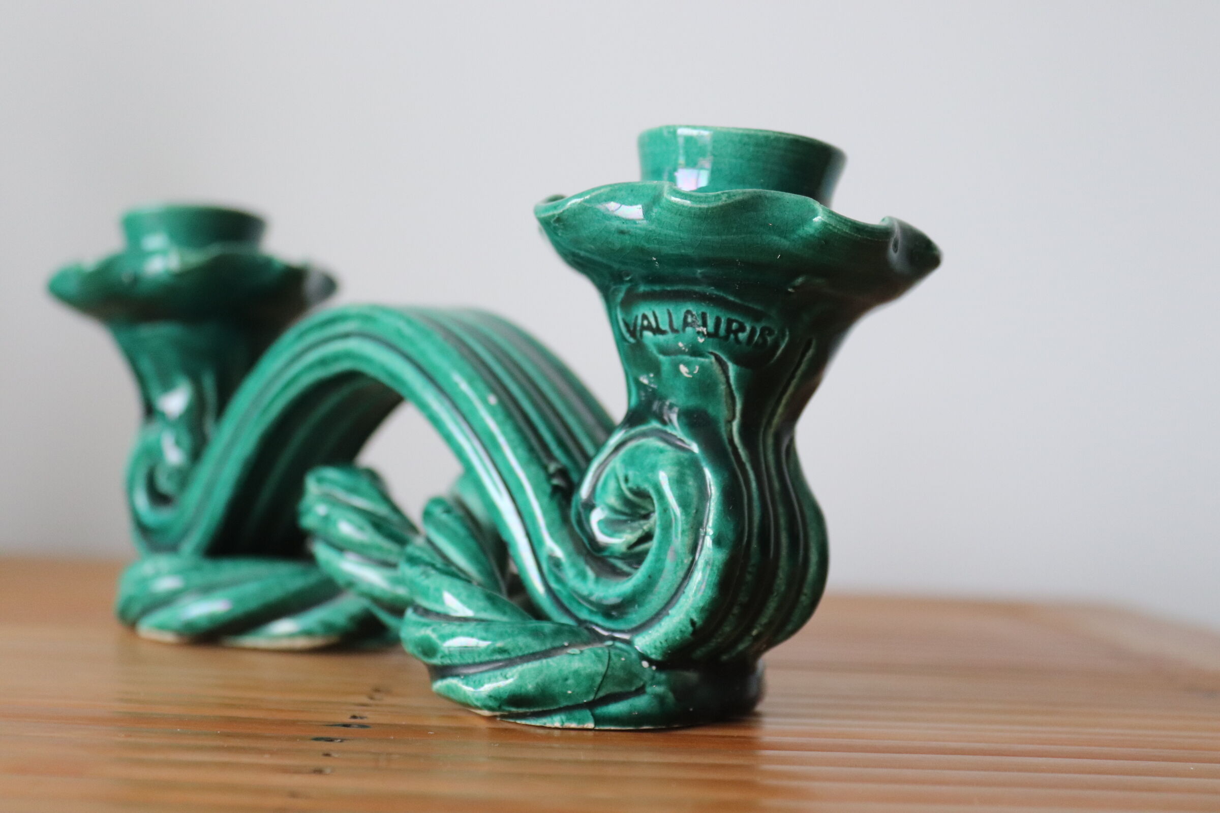 Double candle holder in green ceramic vallauris