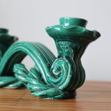 Double candle holder in green ceramic vallauris