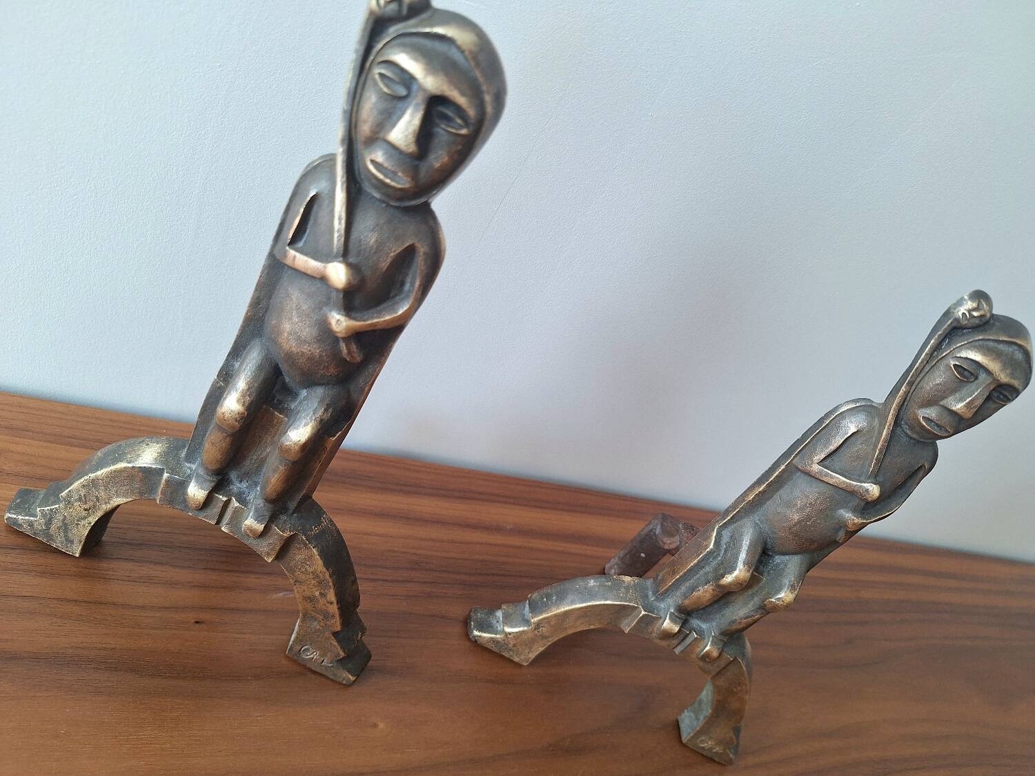 Anton Prinner pair of bronze andirons, Shaman model, statuettes vi