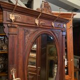 Solid walnut vestibule coat rack with oval mirror and bronze hooks