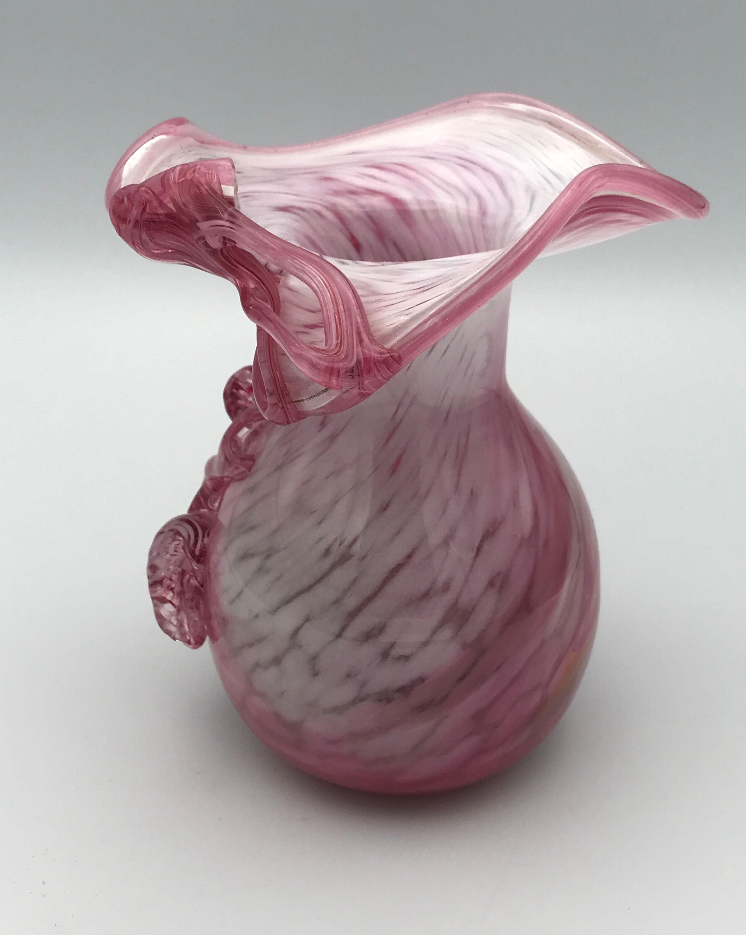 Hand-blown glass vase pink shade with sculptural leaf decor