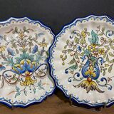 Pair of plates with floral decoration in Nevers earthenware signed Montagnon