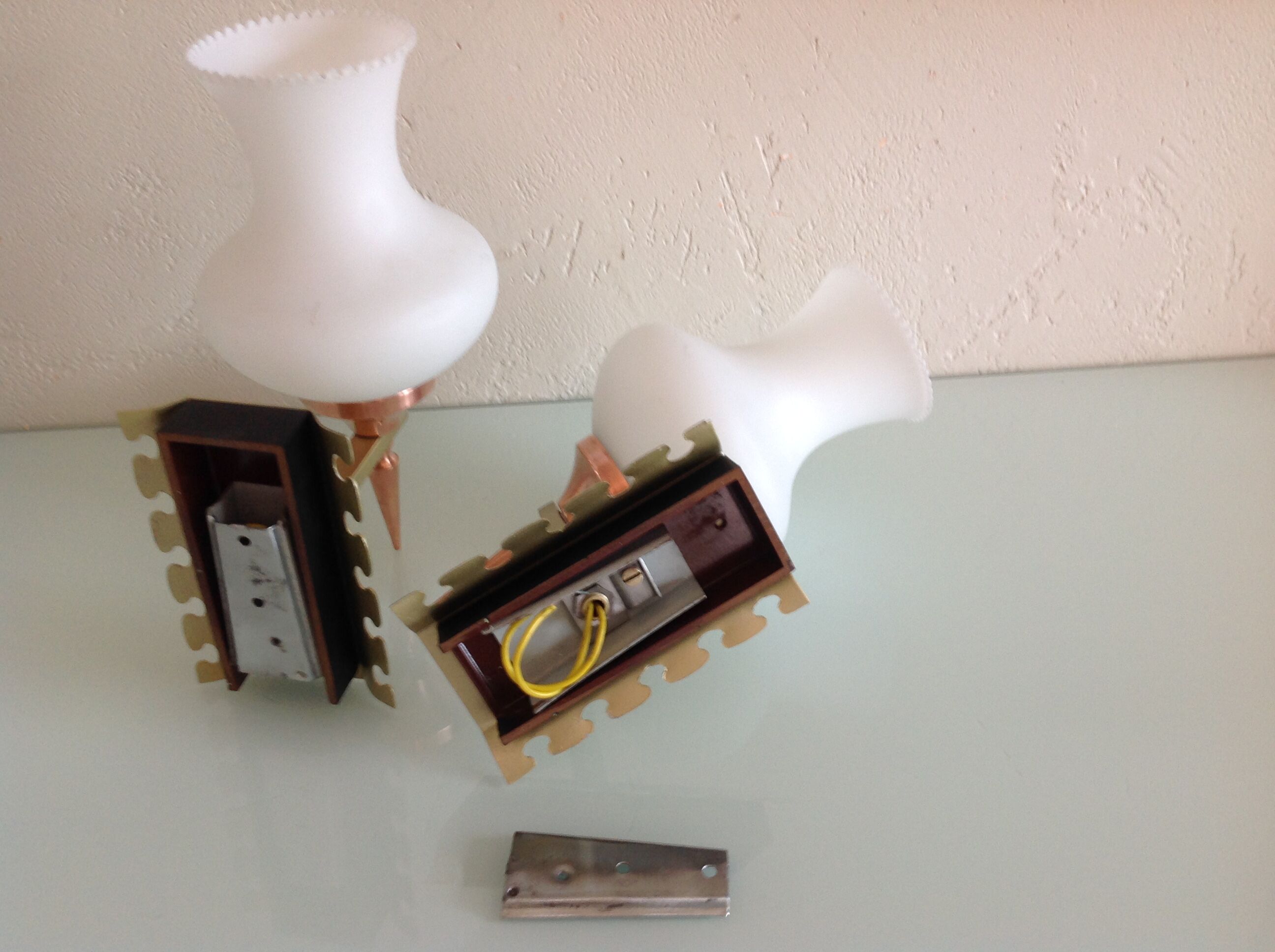 Pair of red copper and white opaline sconces 60s-70s