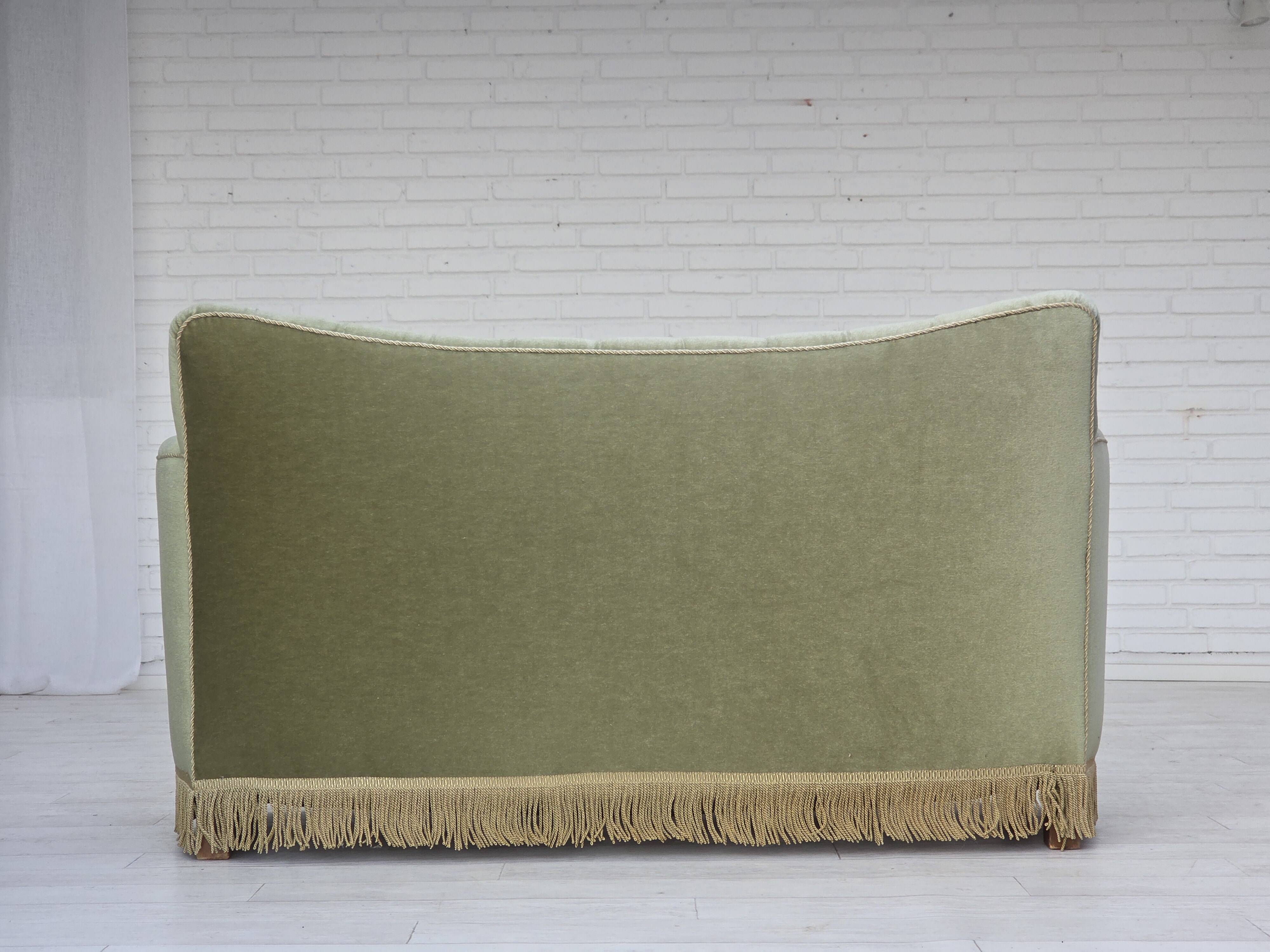 1960s, Danish 2-seater sofa, light green furniture velour, ash wood.