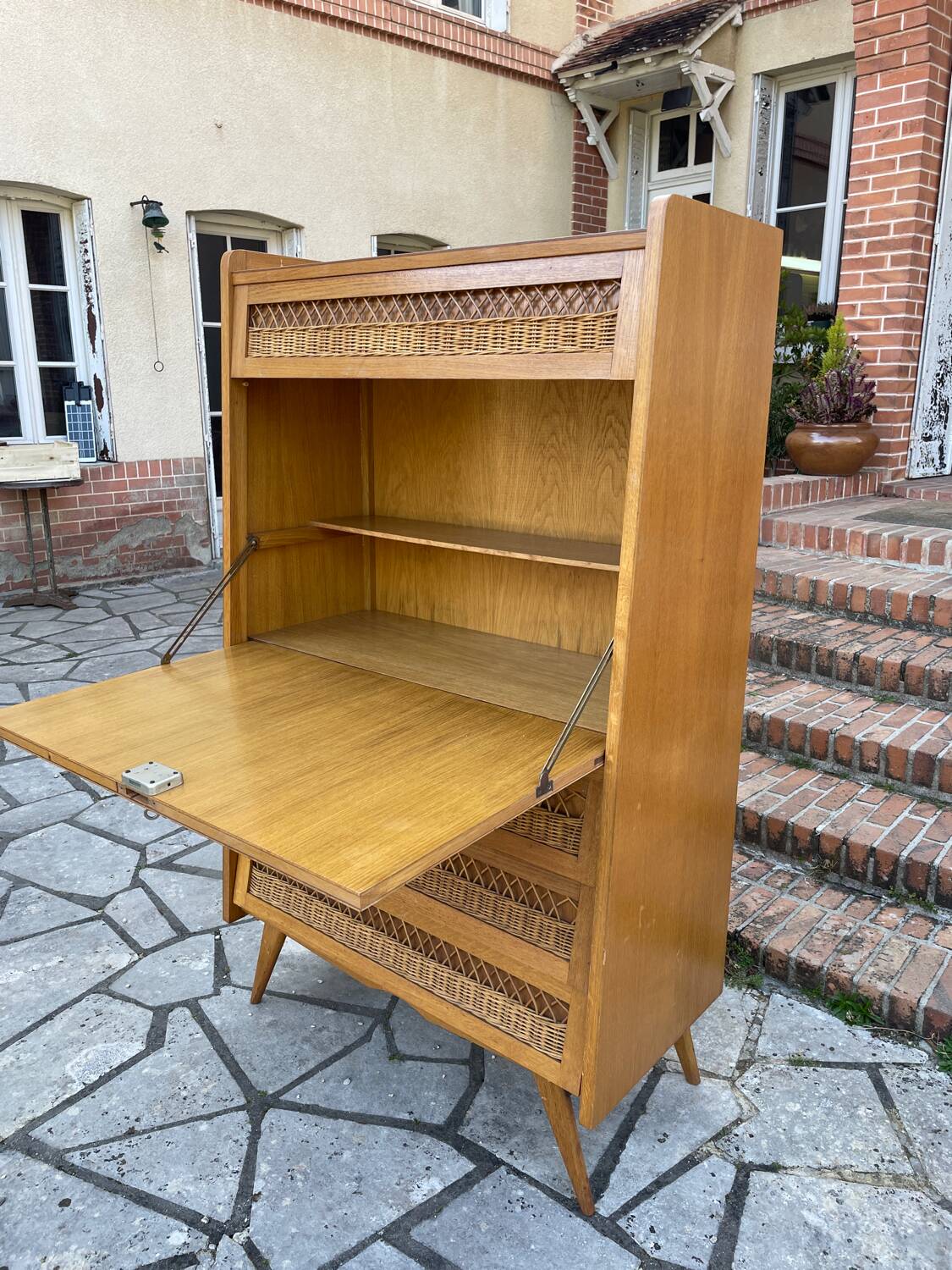 Secrétaire bois et rotin vintage