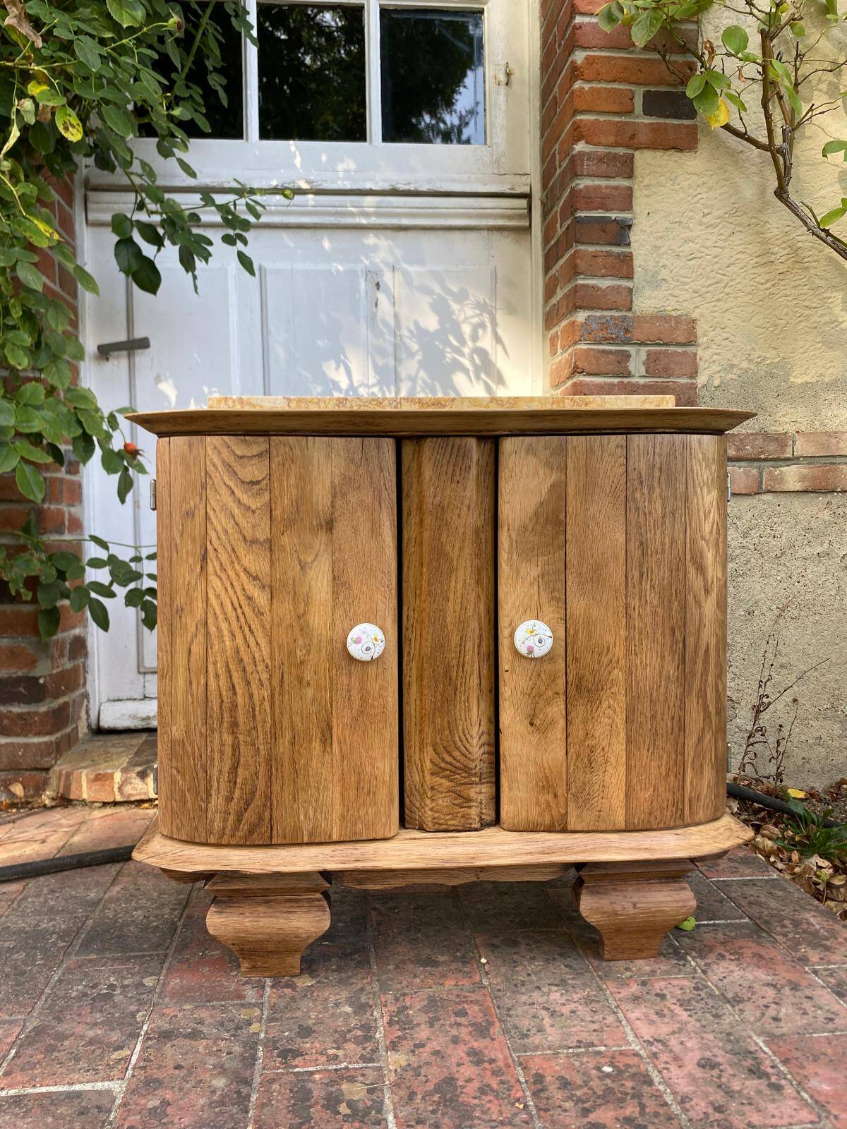 Small accent table / Art Deco bedside table in solid oak and beige marble